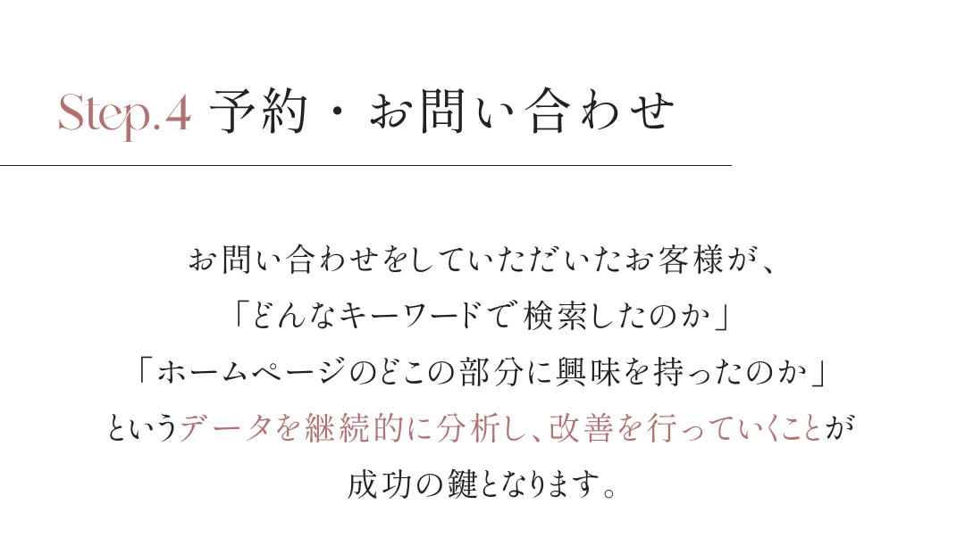 Step.4 予約・お問い合わせ お問い合わせをしていただいたお客様が、「どんなキーワードで検索したのか」「ホームページのどこの部分に興味を持ったのか」というデータを継続的に分析し、改善を行っていくことが成功の鍵となります。
