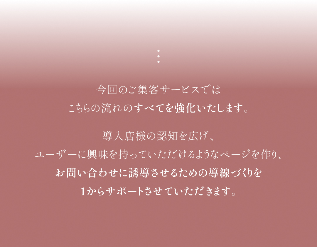 今回のご集客サービスでは こちらの流れのすべてを強化いたします。 導入店様の認知を広げ、ユーザーに興味を持っていただけるようなページを作り、お問い合わせに誘導させるための導線づくりを1からサポートさせていただきます。