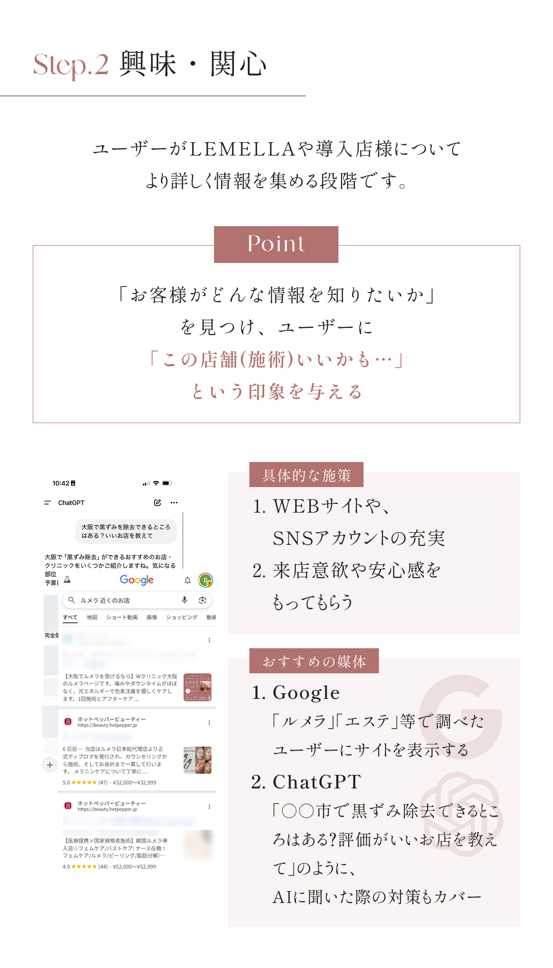 Step.2 興味・関心 ユーザーがLEMELLAや導入店様についてより詳しく情報を集める段階です。 Point 「お客様がどんな情報を知りたいか」を見つけ、ユーザーに「この店舗（施術）いいかも…」という印象を与える 具体的な施策 1.WEBサイトや、SNSアカウントの充実 2.来店意欲や安心感をもってもらう おすすめの媒体 1.Google 「ルメラ」「エステ」等で調べたユーザーにサイトを表示する 2.ChatGPT 「○○市で黒ずみ除去できるところはある？評価がいいお店を教えて」のように、AIに聞いた際の対策もカバー